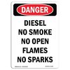 Signmission OSHA, Diesel No Smoke No Open Flames No Sparks, 5in X 3.5in, 10PK, 3.5" W, 5" L, Portrait, PK10 OS-DS-D-35-V-2365-10PK